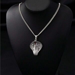 Gothic Cobra Snake Necklace, Silver Tone, engraved details, Fangs, Tongue